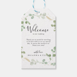 Gold Confetti Eucalyptus Foliage Weduwschap Welkom Cadeaulabel