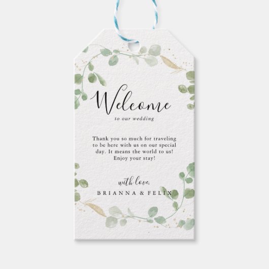 Gold Confetti Eucalyptus Foliage Weduwschap Welkom Cadeaulabel (Voorkant)