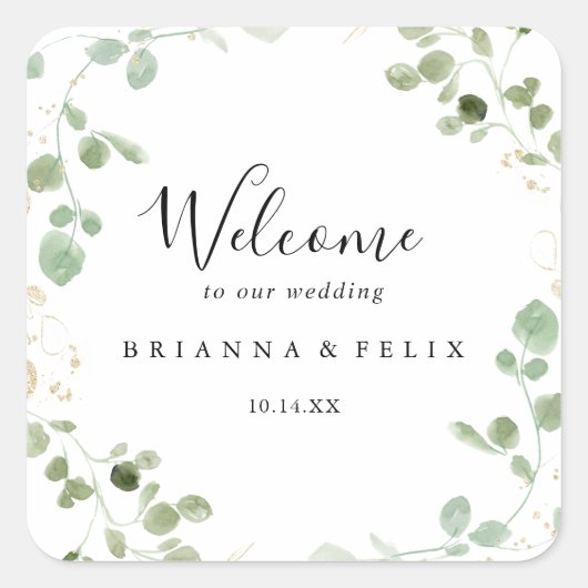 Gold Confetti Eucalyptus Foliage Weduwschap Welkom Vierkante Sticker (Voorkant)