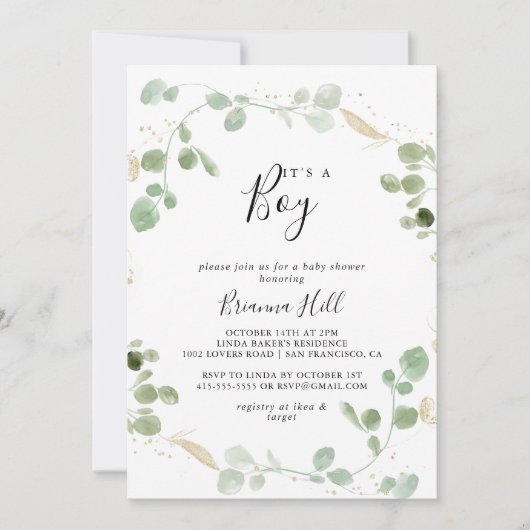 Gold Confetti Eucalyptus Het is een Baby shower va Kaart (Voorkant)