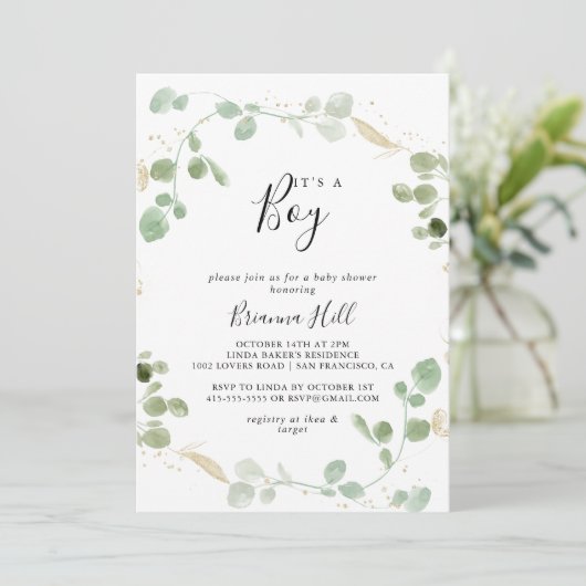 Gold Confetti Eucalyptus Het is een Baby shower va Kaart (Staand voorkant)