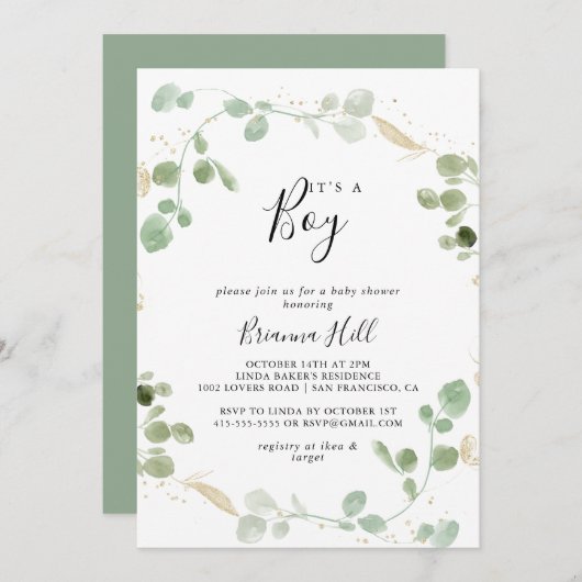 Gold Confetti Eucalyptus Het is een Baby shower va Kaart (Voorkant / Achterkant)