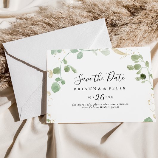 Gold Confetti Eucalyptus Horizontal Wedding Save The Date