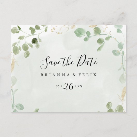 Gold Confetti Eucalyptus Horizontale Save the Date Briefkaart (Voorkant)
