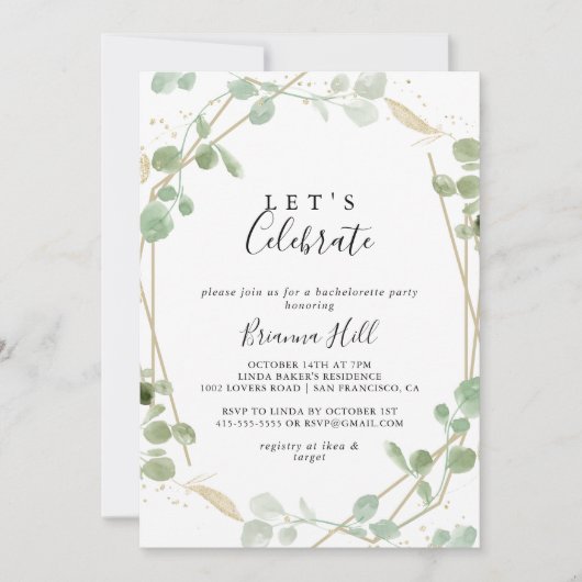 Gold Confetti Eucalyptus Let's Celebrate Party Kaart (Voorkant)