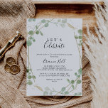 Gold Confetti Eucalyptus Let's Celebrate Party Kaart<br><div class="desc">Deze gouden confetti eucalyptus is perfect voor een feestelijke verlovingspartij,  een vrijgezellenfeest,  een pensionering,  een afstuderen,  een bruiloft na een feest of een feest. Het ontwerp is voorzien van waterverf eucalyptus groene loof met gouden confetti.</div>