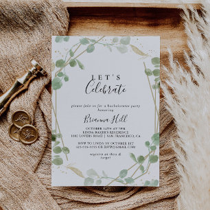 Gold Confetti Eucalyptus Let's Celebrate Party Kaart