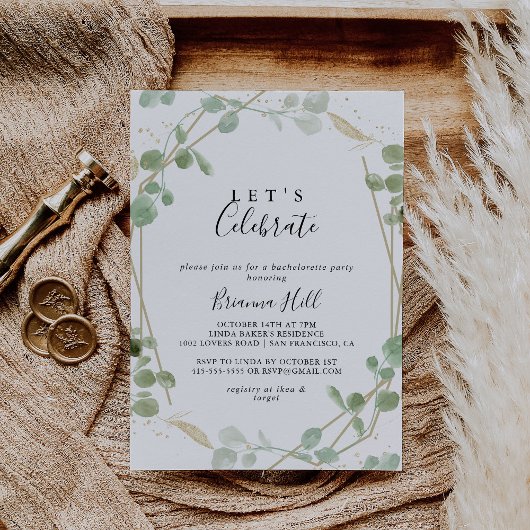 Gold Confetti Eucalyptus Let's Celebrate Party Kaart