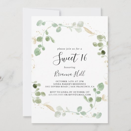 Gold Confetti Eucalyptus Sweet 16 Birthday Party Kaart (Voorkant)