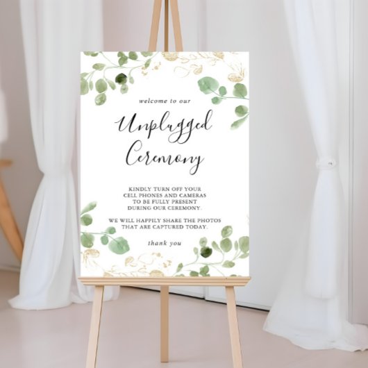 Gold Confetti Eucalyptus Unplugged Ceremony Sign Poster
