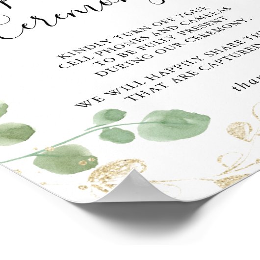 Gold Confetti Eucalyptus Unplugged Ceremony Sign Poster (Hoek)