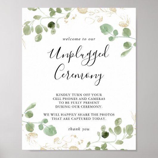 Gold Confetti Eucalyptus Unplugged Ceremony Sign Poster (Voorkant)