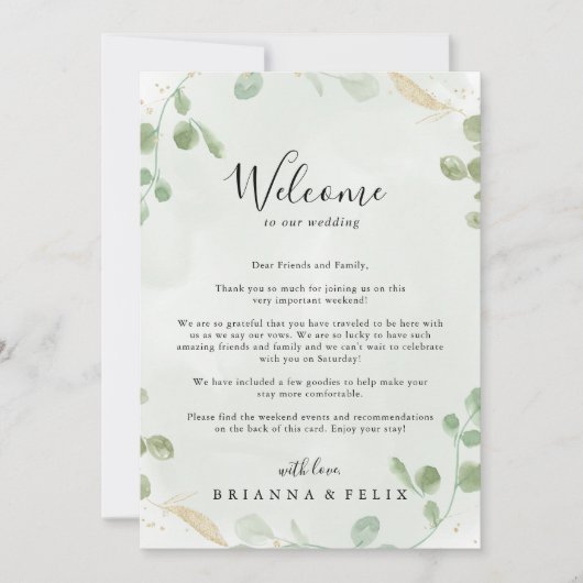 Gold Confetti Eucalyptus Weddenschap Welkomstbrief (Voorkant)