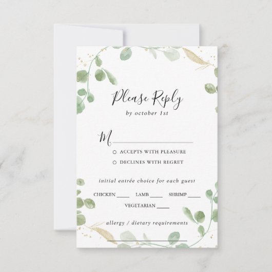 Gold Confetti Eucalyptus Wedding Menu Keuze RSVP (Voorkant)