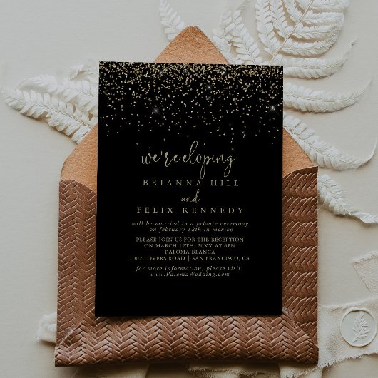 Gold Confetti Fancy Script Elopement Reception Kaart