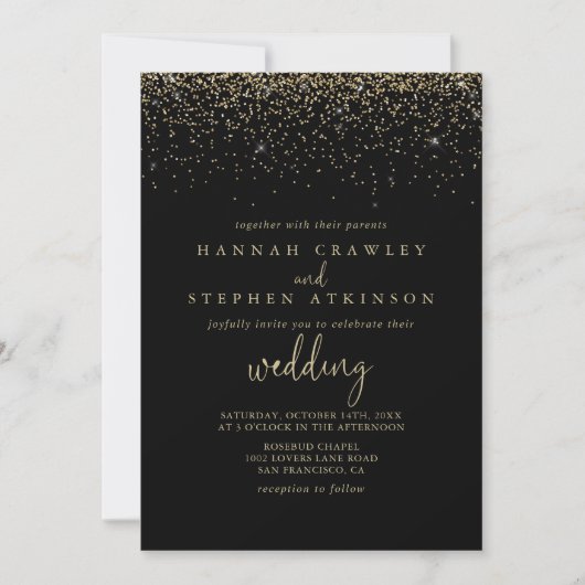 Gold Confetti Fancy script voor en achter bruiloft Kaart (Voorkant)