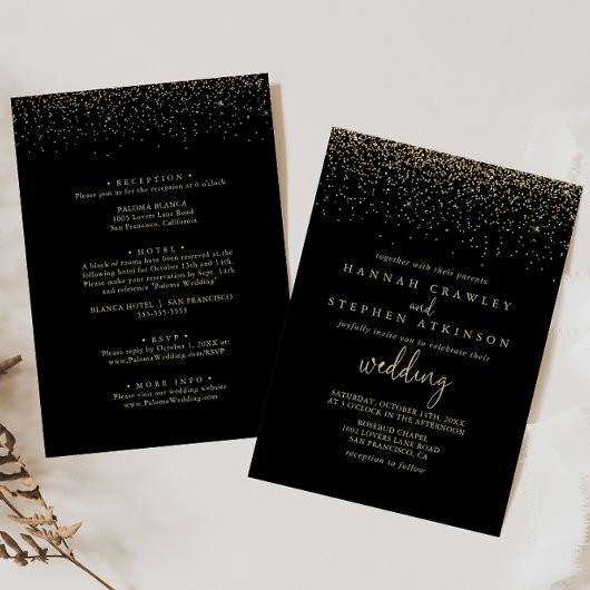Gold Confetti Fancy script voor en achter bruiloft Kaart