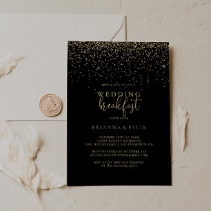 Gold Confetti Fancy Script Weddenschap Breakfast Kaart
