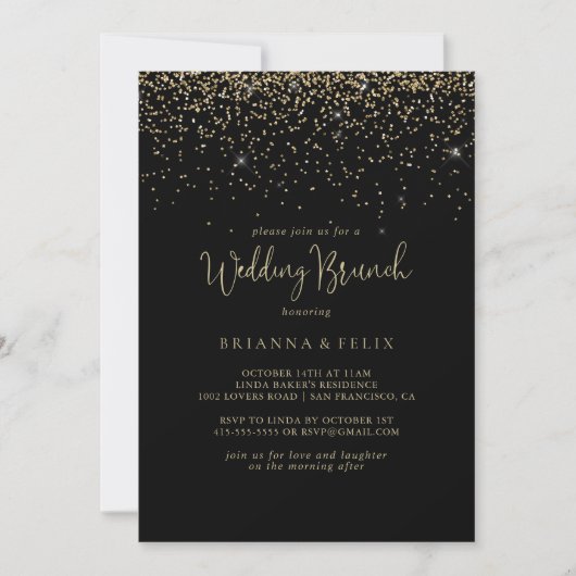 Gold Confetti Fancy Script Wedding Brunch Kaart (Voorkant)