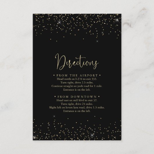 Gold Confetti Fancy Script Wedding Directions Informatiekaartje (Voorkant)