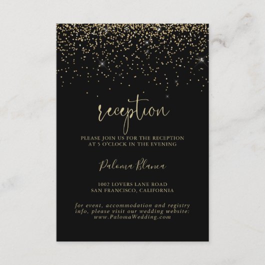 Gold Confetti Fancy scriptweddenschappen Informatiekaartje (Voorkant)