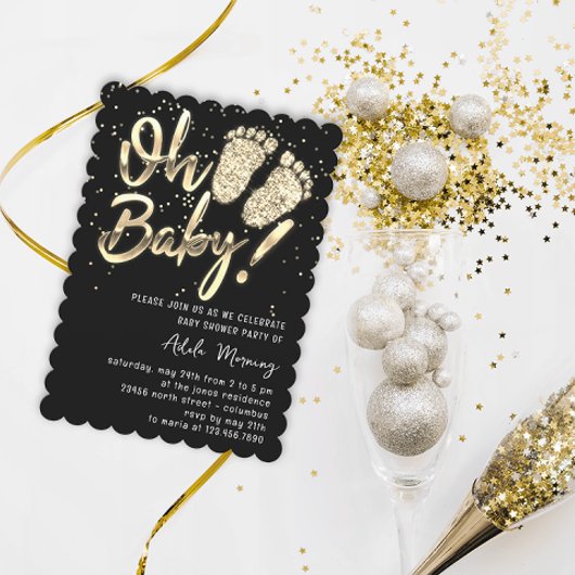 Gold Confetti Feet Baby shower Script Black White Kaart