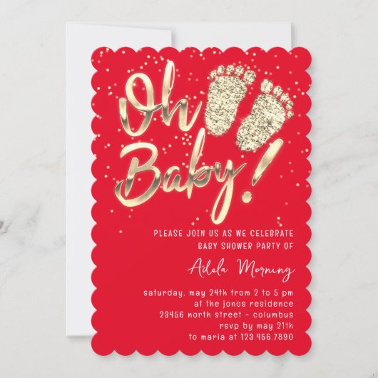 Gold Confetti Feet Baby shower Script Red Kaart (Voorkant)
