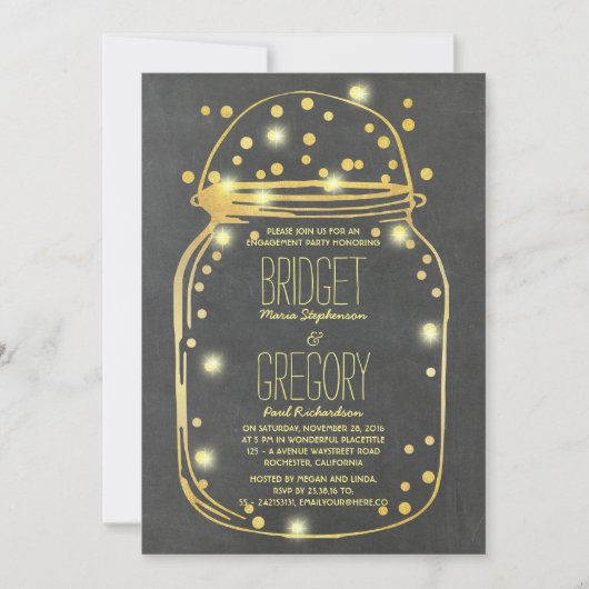 Gold Confetti Fireflies Mason Jar Engagement Party Kaart (Voorkant)