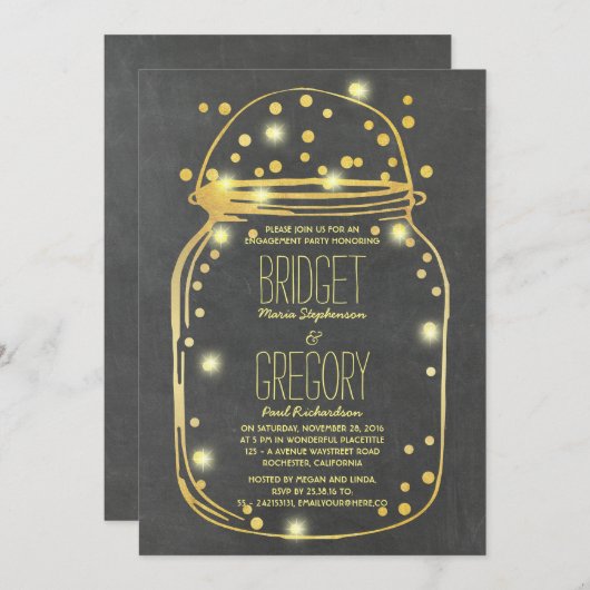 Gold Confetti Fireflies Mason Jar Engagement Party Kaart (Voorkant / Achterkant)
