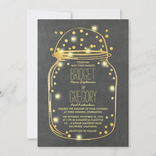 Gold Confetti Fireflies Mason Jar Wedding Kaart (Voorkant)