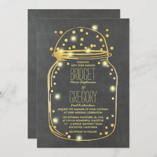 Gold Confetti Fireflies Mason Jar Wedding Kaart (Voorkant / Achterkant)