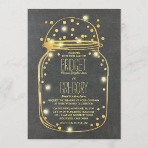 Gold Confetti Fireflies Mason Jar Wedding Kaart