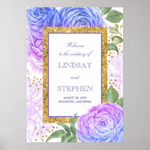 Gold Confetti Floral Blue en Paarse Welkom Poster