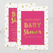 Gold Confetti Fuchsia Pink Baby shower Uitnodiging (Voorkant / Achterkant)