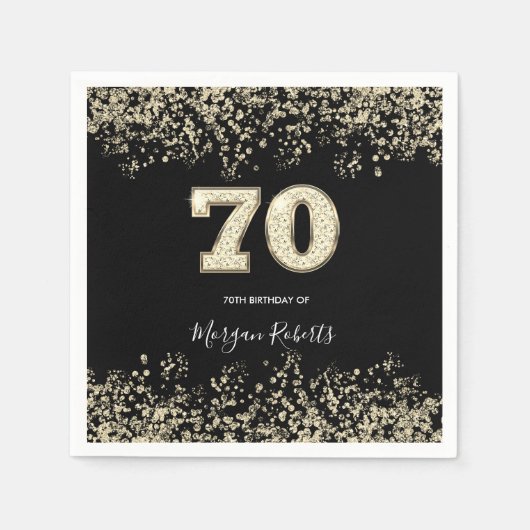 Gold Confetti Glitter Black 70th Birthday Party Servet (Voorkant)