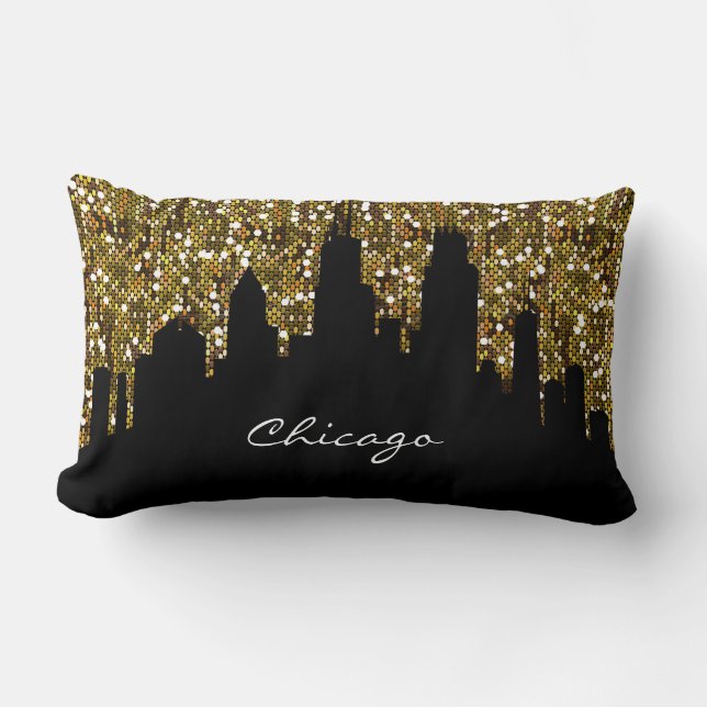 Gold Confetti Glitter Chicago Skyline Landmark Kussen (Voorkant)