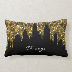 Gold Confetti Glitter Chicago Skyline Landmark Kussen