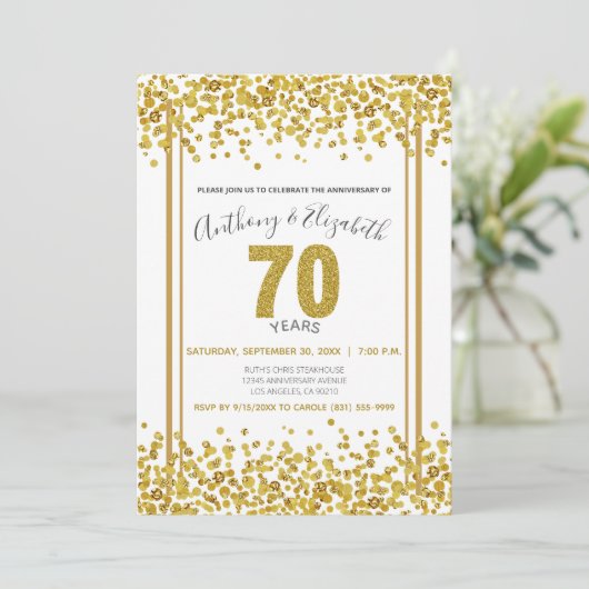 Gold Confetti Glitter-Style 70e Jubileum Partij Kaart (Staand voorkant)