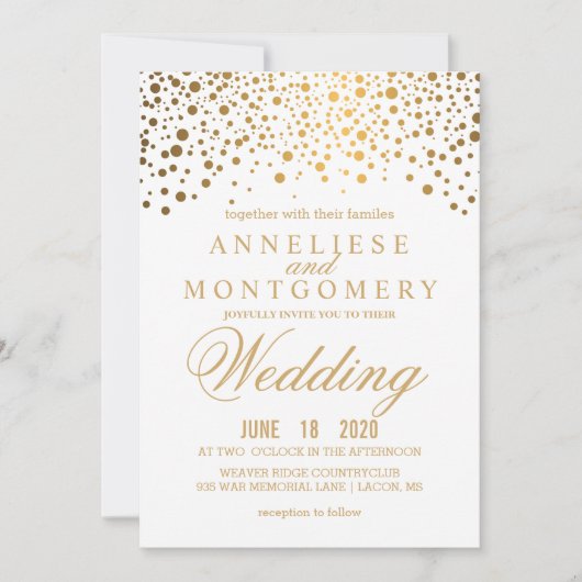 Gold Confetti & Glitter & White Wedding Invitation Kaart (Voorkant)