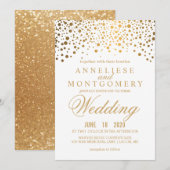 Gold Confetti & Glitter & White Wedding Invitation Kaart (Voorkant / Achterkant)