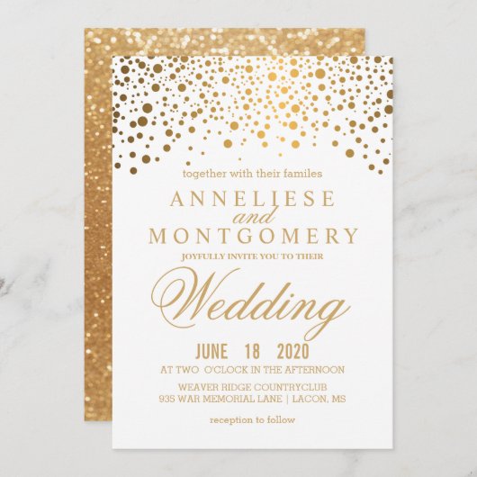 Gold Confetti & Glitter & White Wedding Invitation Kaart (Voorkant / Achterkant)