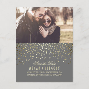 Gold Confetti Grey Elegant Photo Save the Date Aankondigingskaart