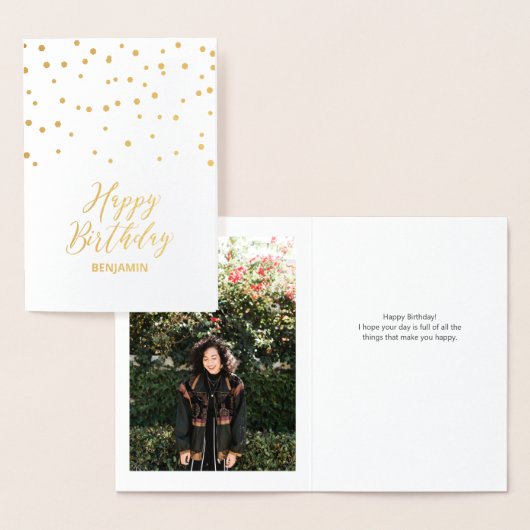 Gold Confetti Happy Birthday Foto Folie Kaart (Display)