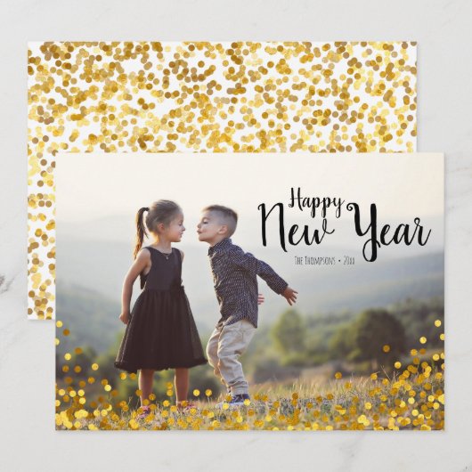 Gold Confetti Happy Nieuwjaarsfotokaart Feestdagenkaart (Voorkant / Achterkant)