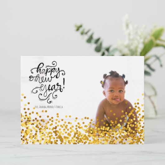 Gold Confetti Happy Nieuwjaarsfotokaart Feestdagenkaart (Staand voorkant)