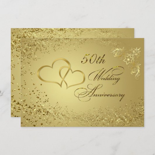 Gold confetti hartseert 50 Wedding Jubileum Invite Kaart (Voorkant / Achterkant)