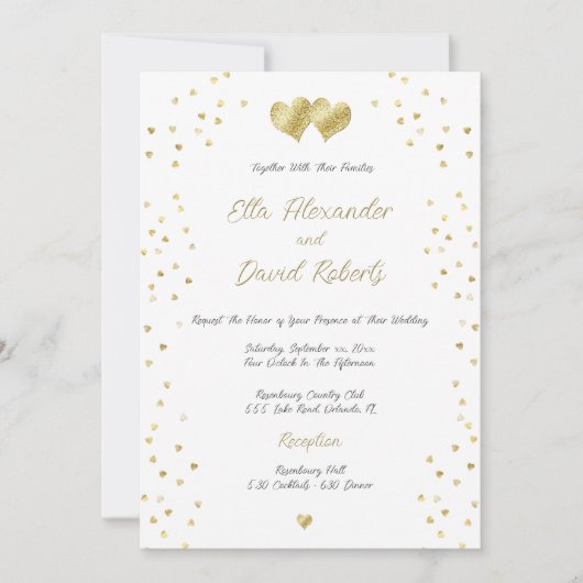 Gold Confetti Hearts, bruiloft Kaart (Voorkant)