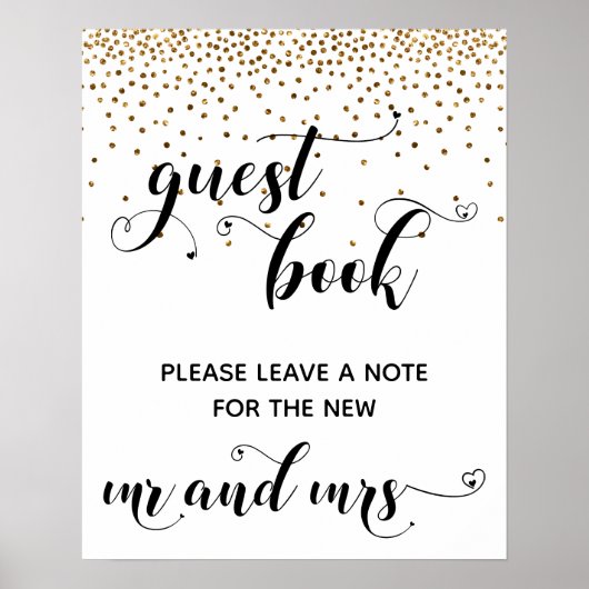 Gold Confetti Hearts Guest Book Reception Sign Poster (Voorkant)