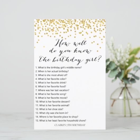Gold Confetti Hoe goed ken je verjaardagsmeisje? (Staand voorkant)