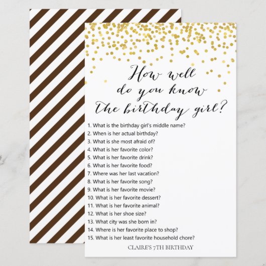 Gold Confetti Hoe goed ken je verjaardagsmeisje? (Voorkant / Achterkant)